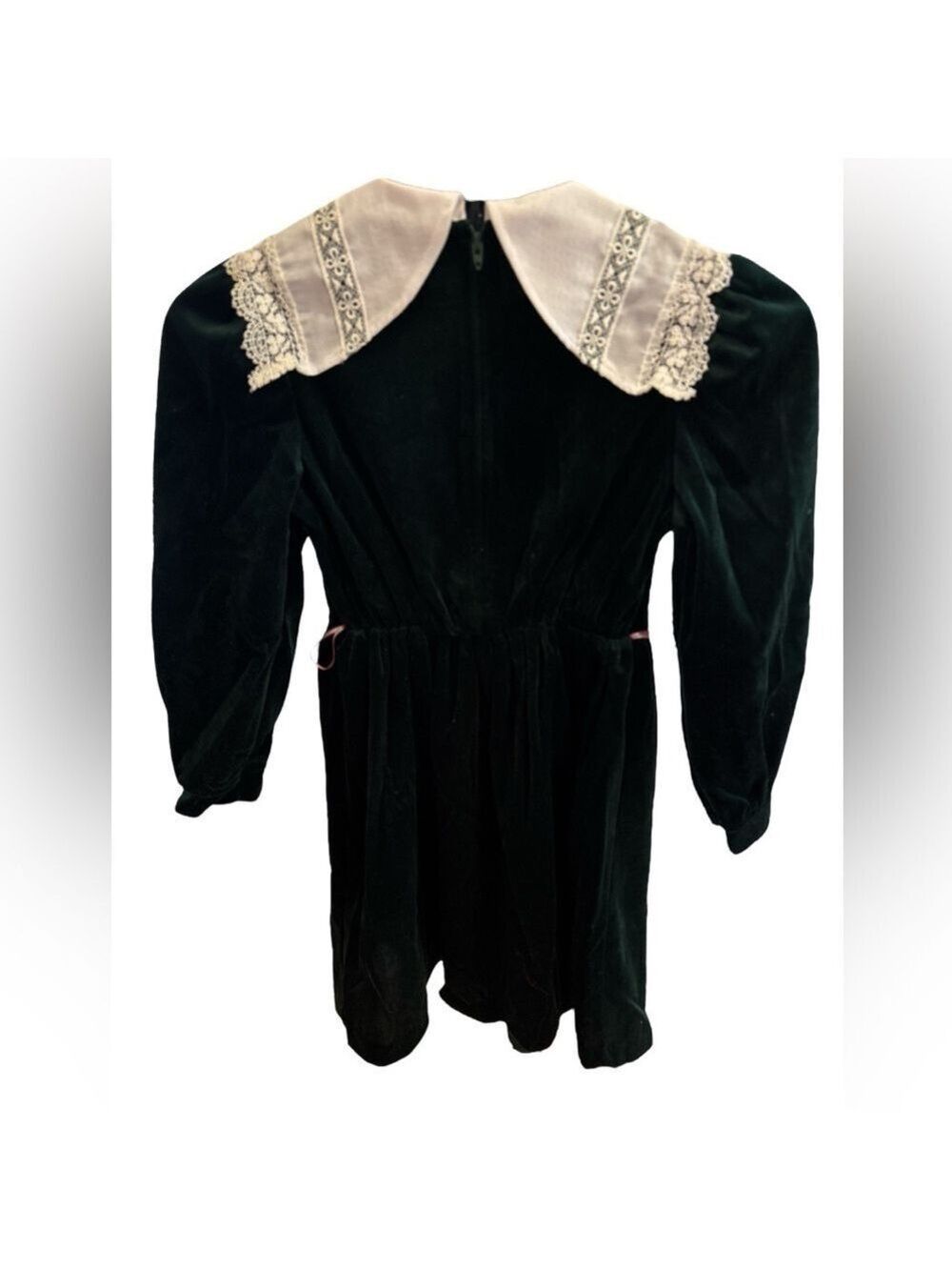 80s BONNIE JEAN GREEN VELVET MIDI DRESS W WHITE & LACE WIDE PEAKED COLLAR SZ 7 - Picture 5 of 7